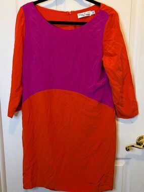 Colorblock 100% Silk Shift Dress in Fuchsia and Orange